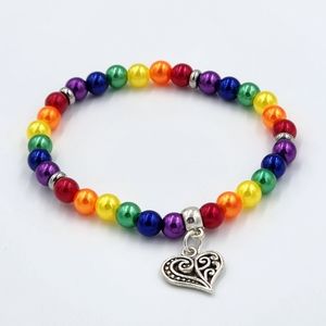 Pride Rainbow Love Heart Pearl Beaded Stretch Bracelet Handmade